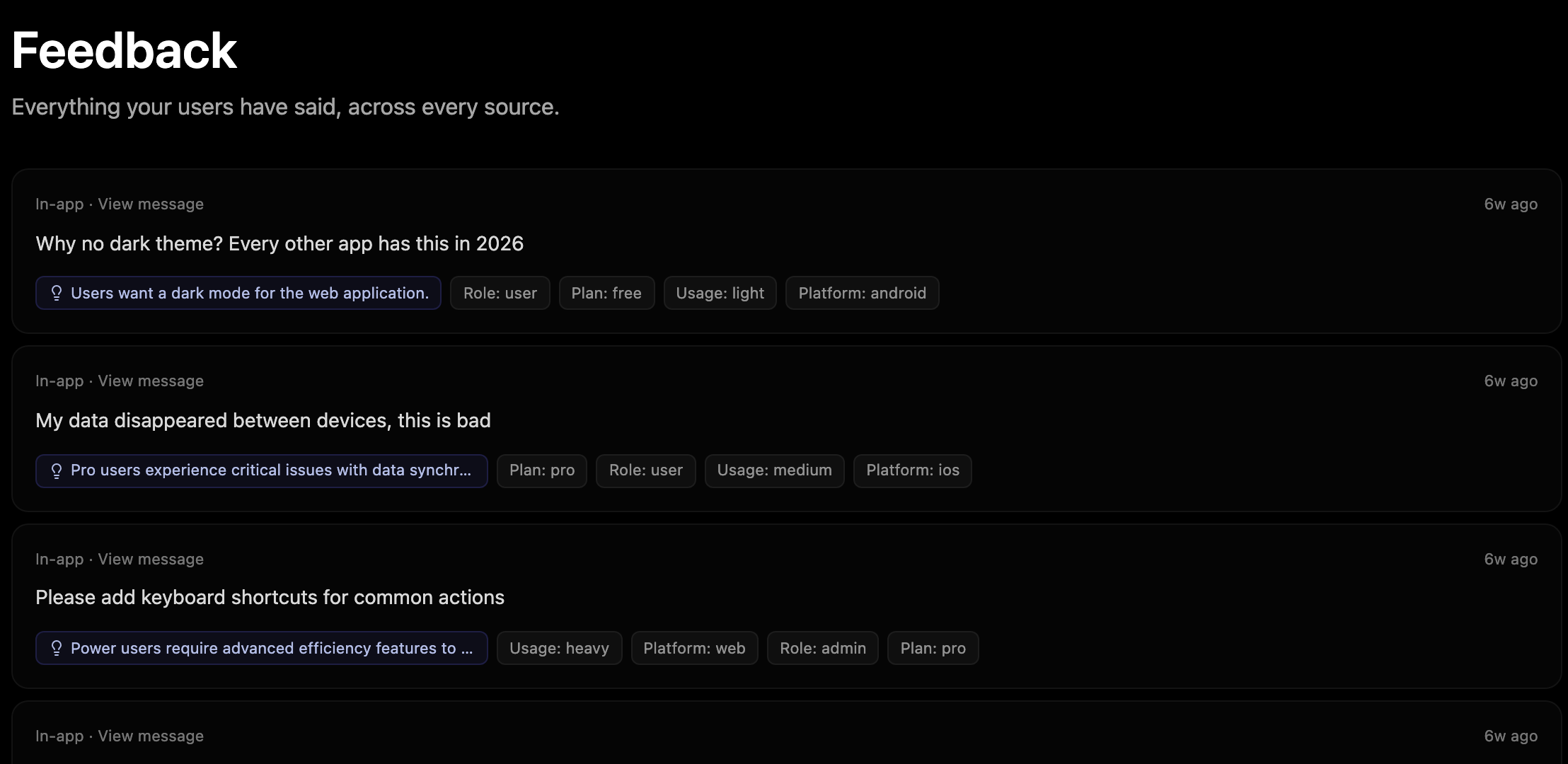 Echoed feedback inbox with user quotes from multiple sources, each tagged to an insight
