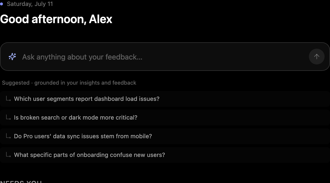 Echoed home screen with an ask box, suggested questions, and recent insights